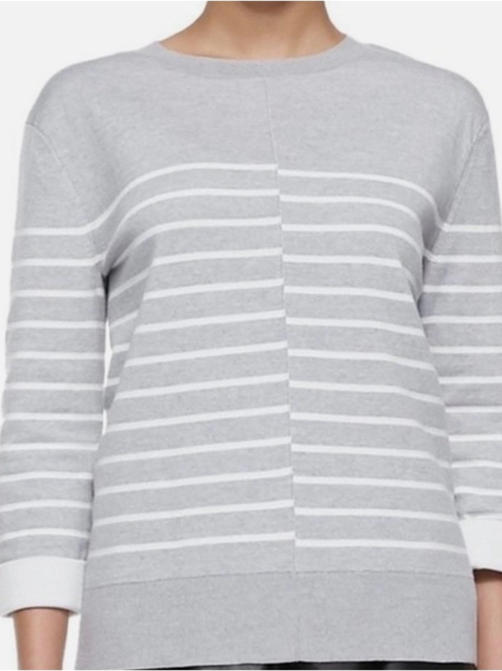 Vince Gray and White Striped Crewneck Sweater